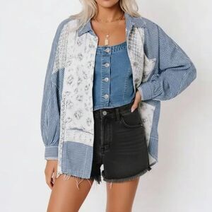 POL Patchwork Floral Crochet Cottage Core Dolman Button Up Shirt
